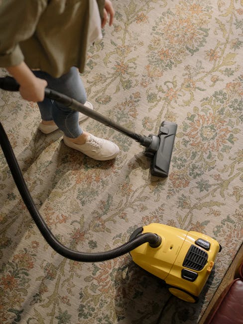 Close-up of a cylindrical carpet cleaning machine with a transparent water chamber filled with soapy water, connected to a flexible hose and nozzle. The machine is positioned on a pinkish-beige carpet